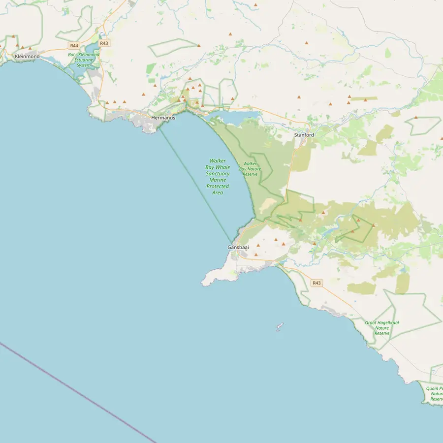 Map of the coast between Hermanus and Gansbaai with Kleinbaai harbour and Dyer Island offshore