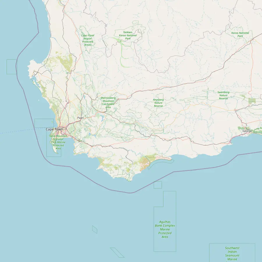 Map of the Western Cape with Cape Town, the N1 towns of Worcester and Touws River, the Aquila reserve, Montagu and Sanbona, Albertinia and Garden Route Game Lodge, and Hermanus and Gansbaai on the coast
